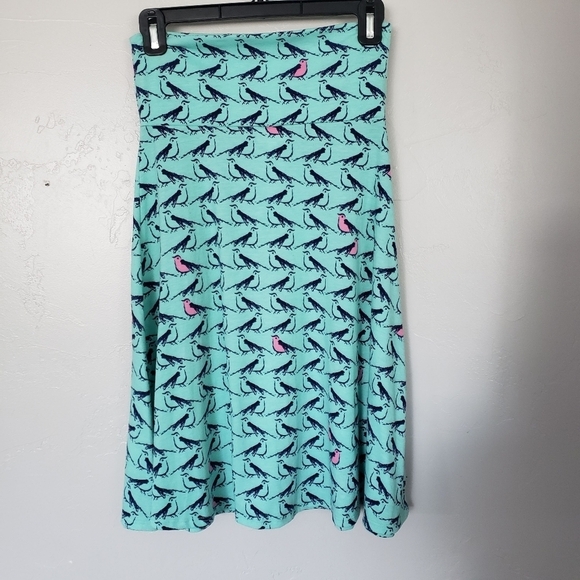 LuLaRoe XS Blue Midi Skirt Navy Birds Sparrows Pink Novelty Print Circle Skater - Picture 7 of 7